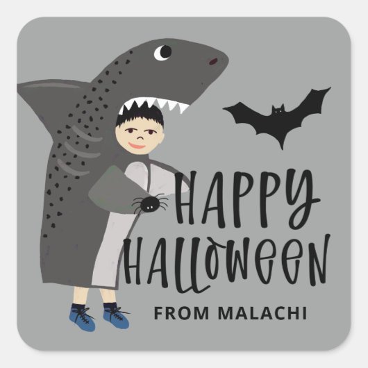 Cute Shark Costume Kinder Name Halloween Party Vierkante Sticker (Voorkant)