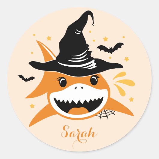 Cute Shark Halloween Heks Aangepaste Naam Ronde Sticker (Voorkant)