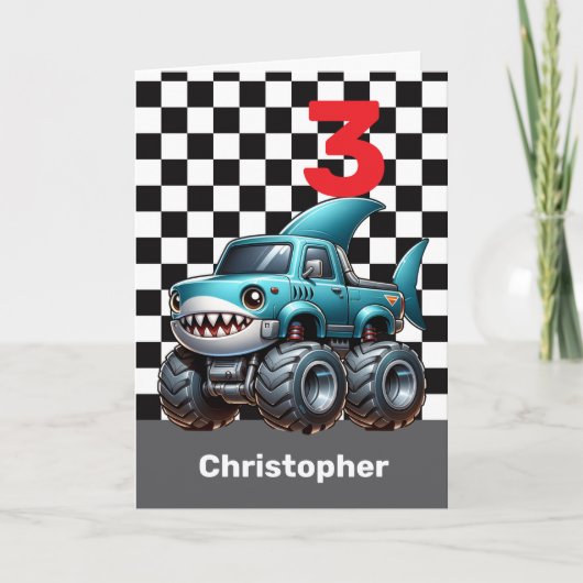 Cute Shark Monster Truck 3e Verjaardag Kaart (Voorkant)