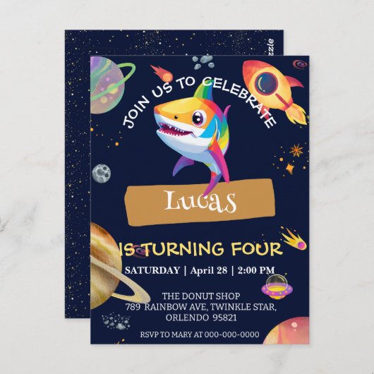 Cute Shark regenboog Galaxy ruimte verjaardagsfees Briefkaart (Voorkant / Achterkant)