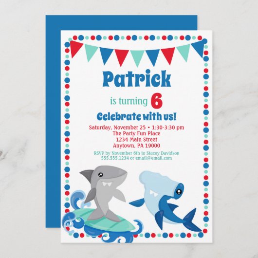 Cute Sharks Invitation Funny Birthday Party Kaart (Voorkant / Achterkant)