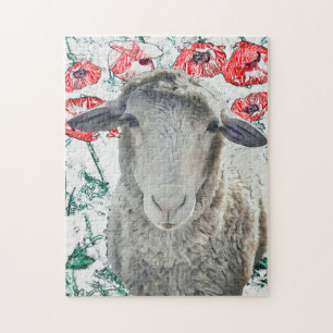 Cute Sheep Animal Red Poppy Flowers Legpuzzel