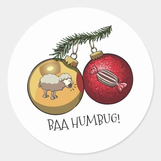Cute Sheep Baa Humbug! Christmas Scrooge Cartoon Ronde Sticker (Voorkant)
