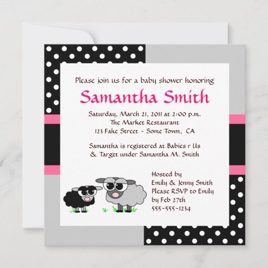 Cute Sheep Baby shower Invitation roze Black Grey Kaart (Voorkant)