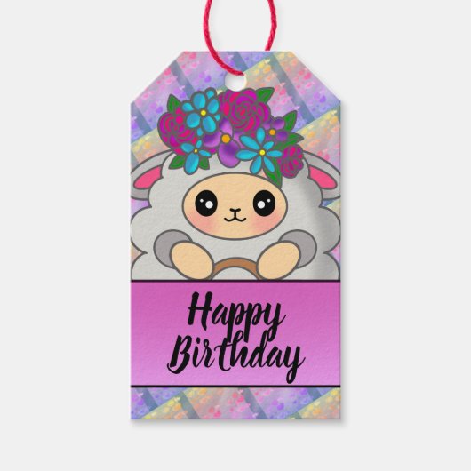 Cute Sheep Birthday Flower Happy Cadeaulabel (Voorkant)
