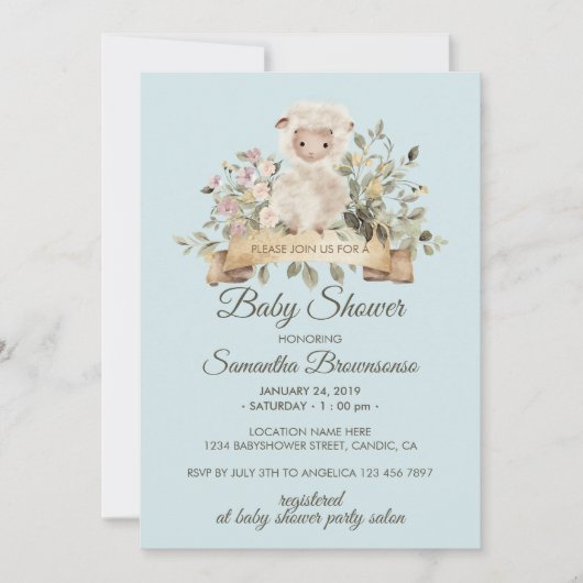 Cute Sheep Lamb Botanical Blue Baby Shower Kaart (Voorkant)