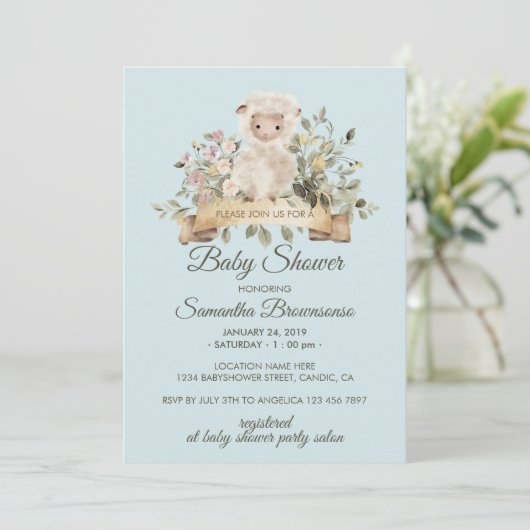 Cute Sheep Lamb Botanical Blue Baby Shower Kaart (Staand voorkant)