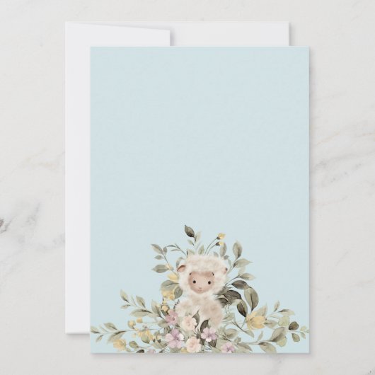 Cute Sheep Lamb Botanical Blue Baby Shower Kaart (Achterkant)