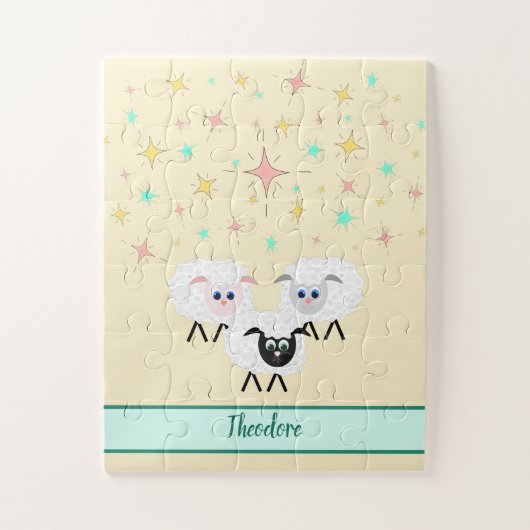 Cute Sheep & Stars Monogrammed Childrens Puzzle Legpuzzel (Verticaal)