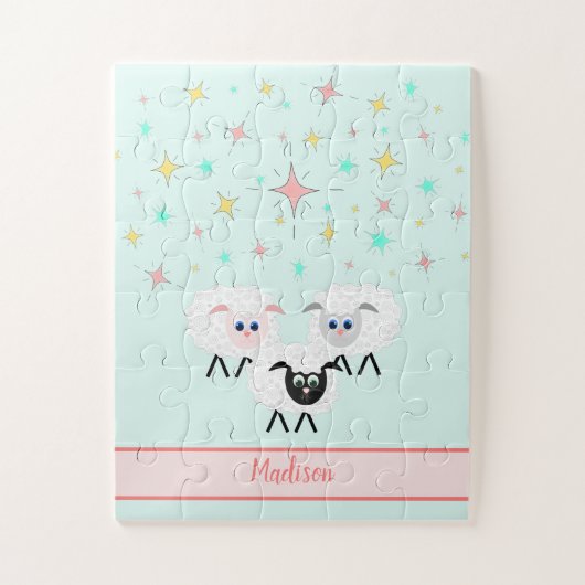 Cute Sheep & Stars Monogrammed Childrens Puzzle Legpuzzel (Verticaal)