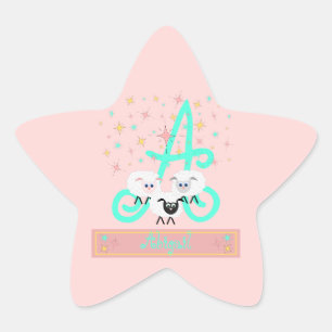 Cute Sheep & Stars Name & Initiaal Monogram Pink Ster Sticker