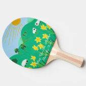 cute sheep with trees hills blue sky daffodils tafeltennisbatje (Zijkant)