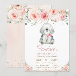 Cute Sheepdog Puppy Dog Pink Floral Girl Birthday Kaart
