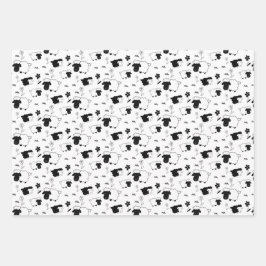Cute Sheeps Illustratie Black White, Blush, Green Inpakpapier Vel