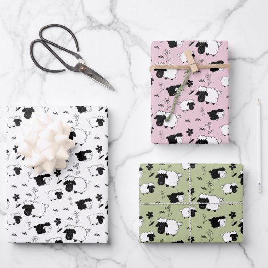 Cute Sheeps Illustratie Black White, Blush, Green Inpakpapier Vel (Voorkant)