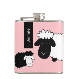 Cute Sheeps Illustratie zwart-wit op zwart Heupfles