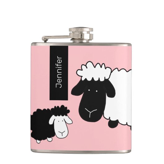 Cute Sheeps Illustratie zwart-wit op zwart Heupfles (Voorkant)