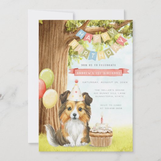 Cute Sheltie Dog Birthday Party Invitation Kaart (Voorkant)