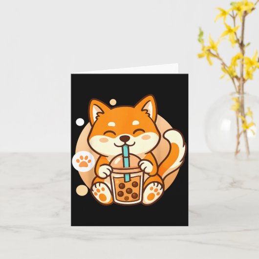 Cute Shiba Inu Dog Bubble Boba Tea Anime Kawaii Ne Kaart (Gele Bloem)