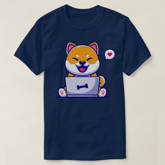 Cute Shiba Inu Dog die werkt op een notebook Carto T-shirt (Design voorkant)