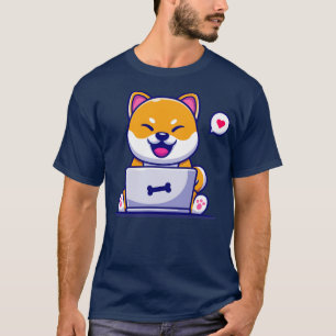 Cute Shiba Inu Dog die werkt op een notebook Carto T-shirt