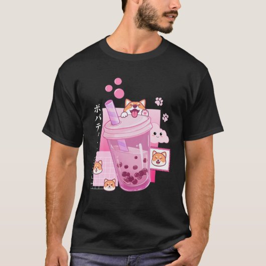Cute Shiba Inu Dog Drink Milk Tea Boba Anime Japan T-shirt (Voorkant)