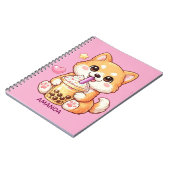  Cute Shiba Inu Dog Drinking Bubble Tea Add Name Notitieboek (Linkerzijde)