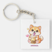  Cute Shiba Inu Dog Drinking Bubble Tea Add Name Sleutelhanger (Voorkant)
