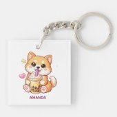  Cute Shiba Inu Dog Drinking Bubble Tea Add Name Sleutelhanger (Achterkant)