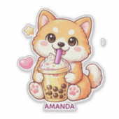  Cute Shiba Inu Dog Drinking Bubble Tea Add Name Sticker (Voorkant)