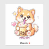  Cute Shiba Inu Dog Drinking Bubble Tea Add Name Sticker (Vel)