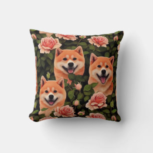Cute Shiba Inu Enchanted Pink Rose Garden Kussen