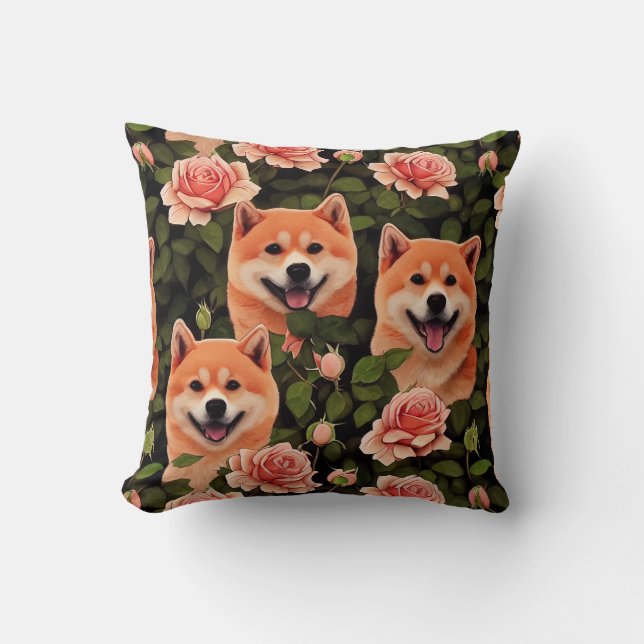 Cute Shiba Inu Enchanted Pink Rose Garden Kussen (Voorkant)