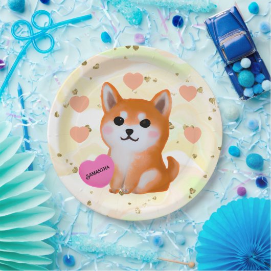 Cute Shiba Inu Hearts | Voor Hondenliefhebber Papieren Bordje (Feest)