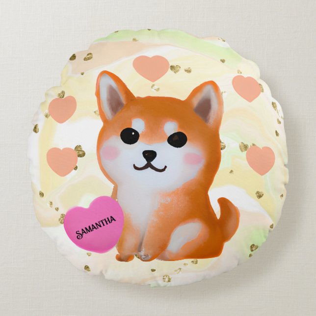 Cute Shiba Inu Hearts | Voor Hondenliefhebber Rond Kussen (Voorkant)