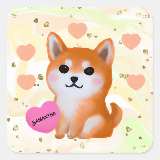 Cute Shiba Inu Hearts | Voor Hondenliefhebber Vierkante Sticker (Voorkant)
