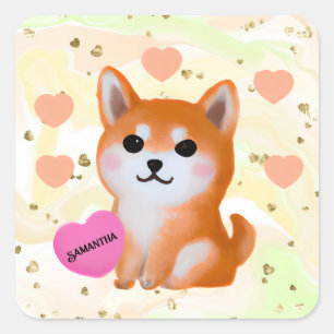 Cute Shiba Inu Hearts   Voor Hondenliefhebber Vierkante Sticker