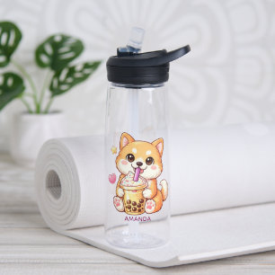 Cute Shiba Inu-hond drinkt Bubble Tea Voeg naam to Waterfles