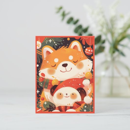 Cute Shiba Inu Hugging Panda Plush Briefkaart (Staand voorkant)