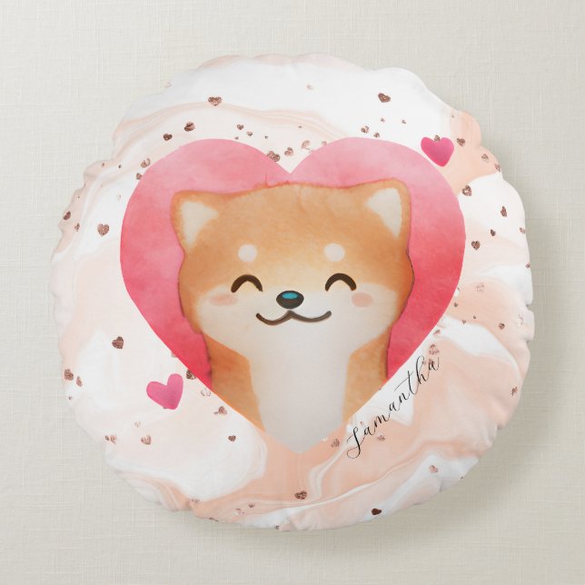 Cute Shiba Inu in een hart Rond Kussen (Voorkant)