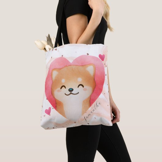 Cute Shiba Inu in een hart Tote Bag (Dichtbij)