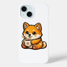 Cute Shiba Inu met koffie – knuffige hondenillustr iPhone 15 Case