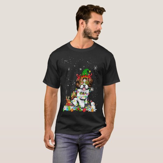 Cute Shih Tzu Dog Elf Pet kerstlampjes T-shirt (Voorkant volledig)