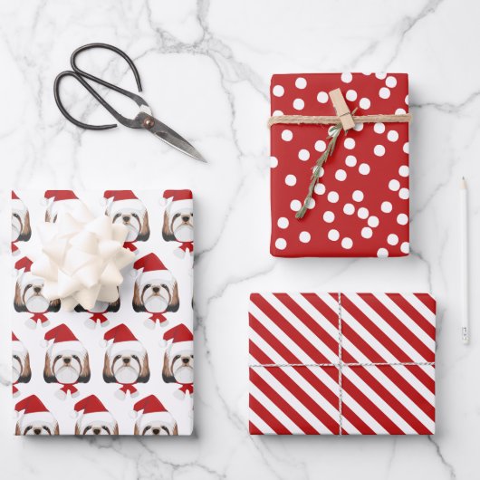 Cute Shih tzu Dog & Red Striped Kerstmis Inpakpapier Vel (Voorkant)