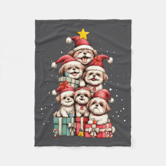 Cute Shih Tzu Le Dog Christmas Tree Xmas Hat Long  Fleece Deken (Voorkant)