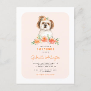 Cute Shih Tzu Waterverf Peach Floral Baby shower Uitnodiging Briefkaart