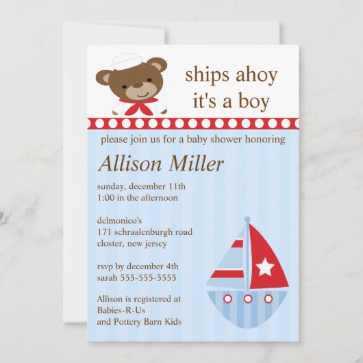 Cute Ships Ahoy Sailboat Boy Baby shower Kaart (Voorkant)