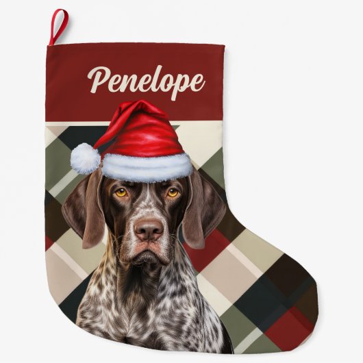 Cute Shorthair Pointer Dog Deep Red Plaid Custom Grote Kerstsok (Voorkant)
