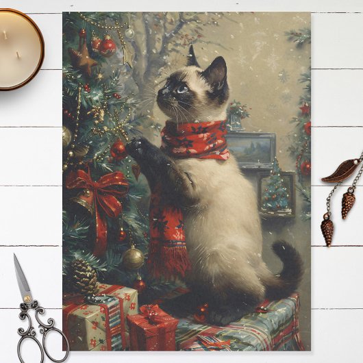 Cute Siamese Cat Christmas Vintage Decoupage Tissuepapier
