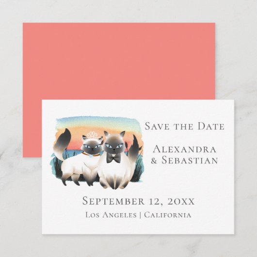 Cute Siamese Cat Couple Save the Date Wedding Kaart (Voorkant / Achterkant)